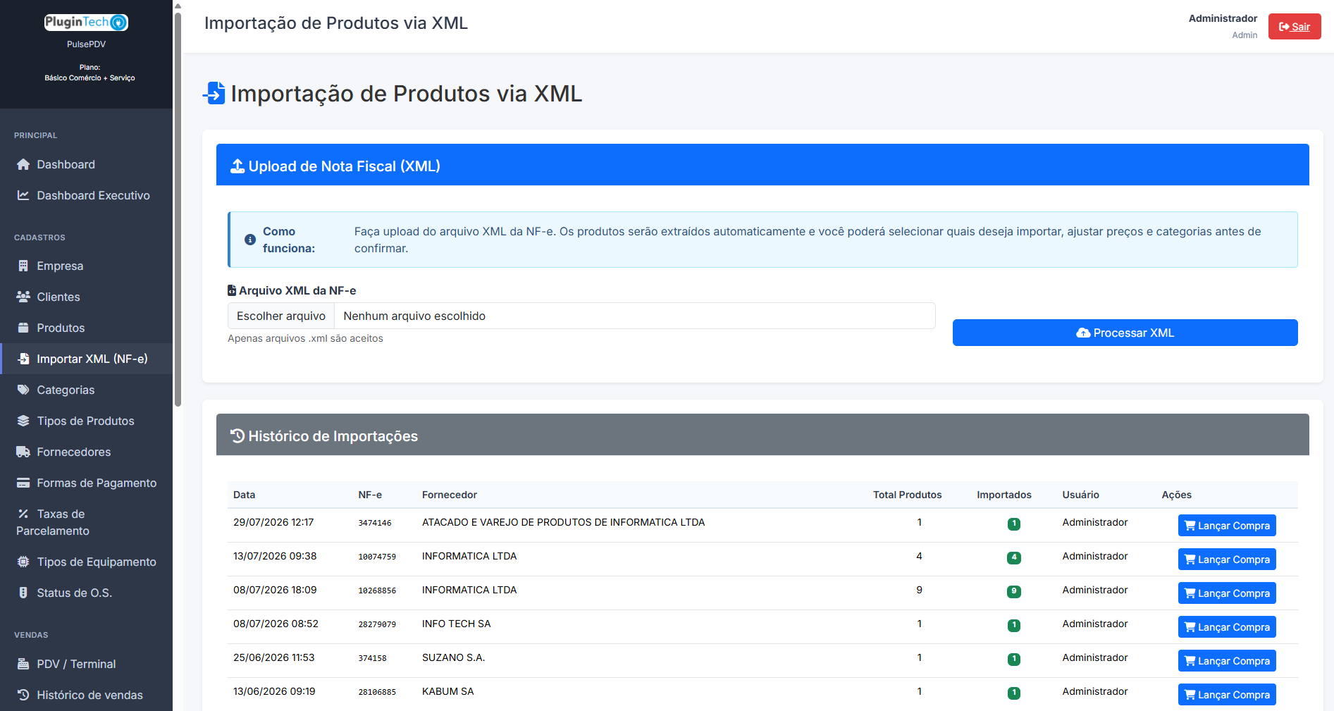 Importação de XML NF-e PulsePDV